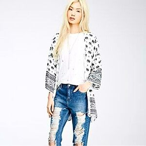 Black and white kimono style cardigan top elephant paisley geo print “ jacket “